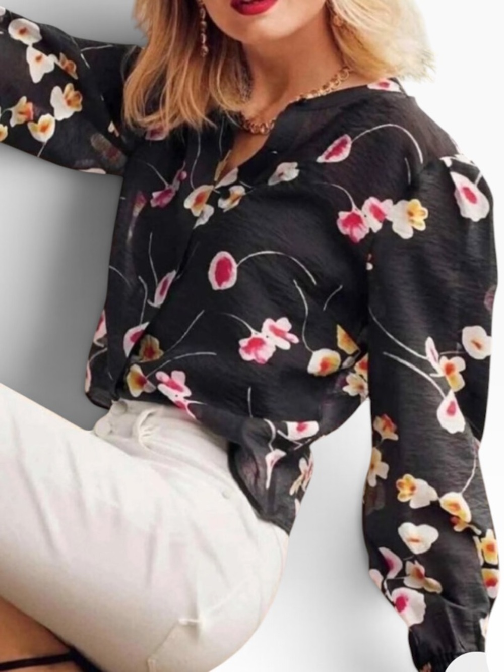 CAbi Black/Abstract Pink/White/Yellow Floral Long-Sleeve Greenhouse Blouse #6504